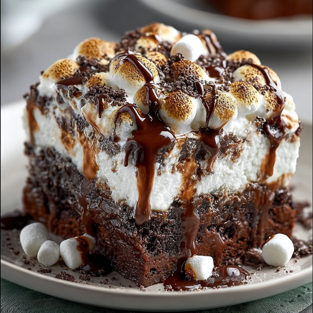 A slice of marshmallow chocolate poke cake.
