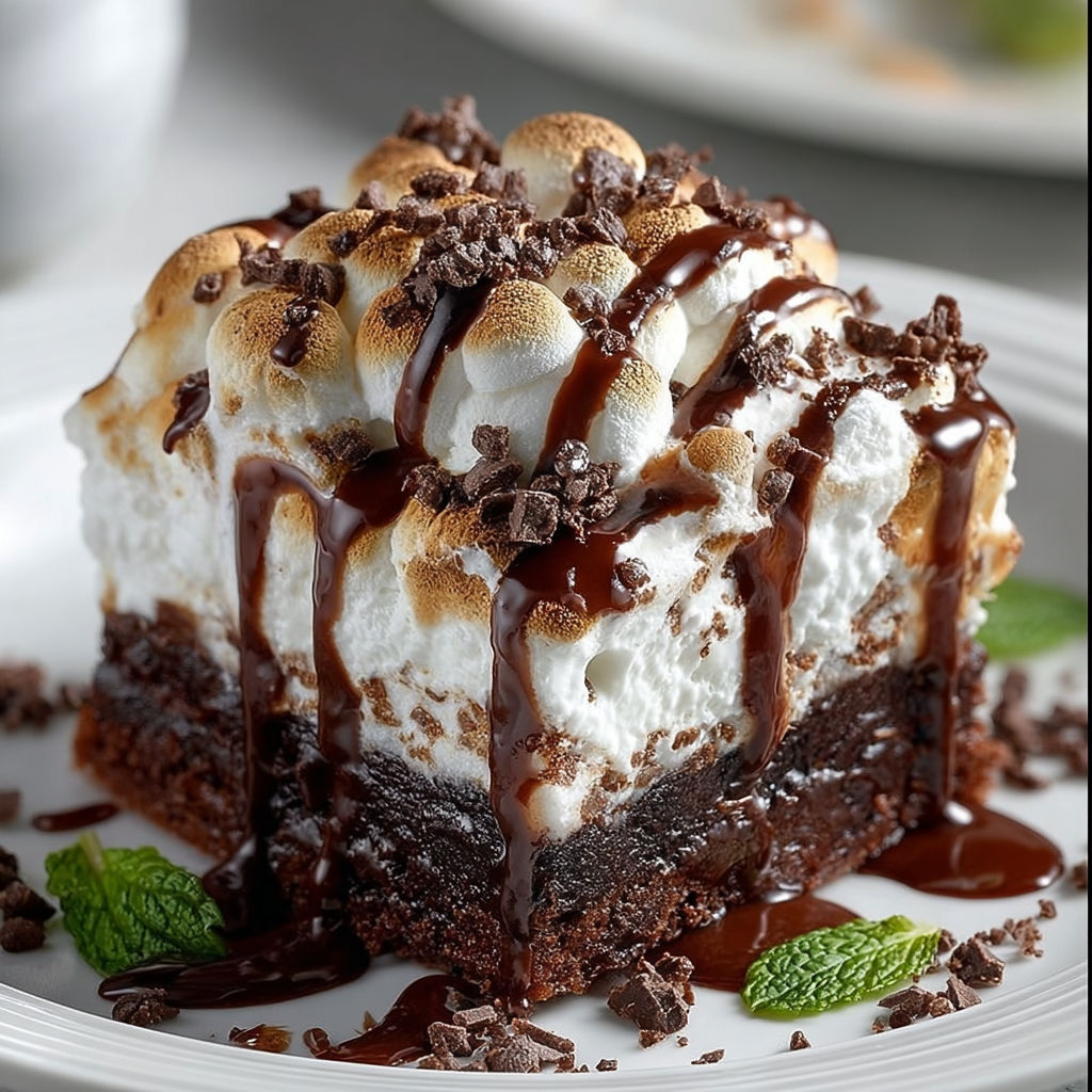 A slice of marshmallow chocolate poke cake.