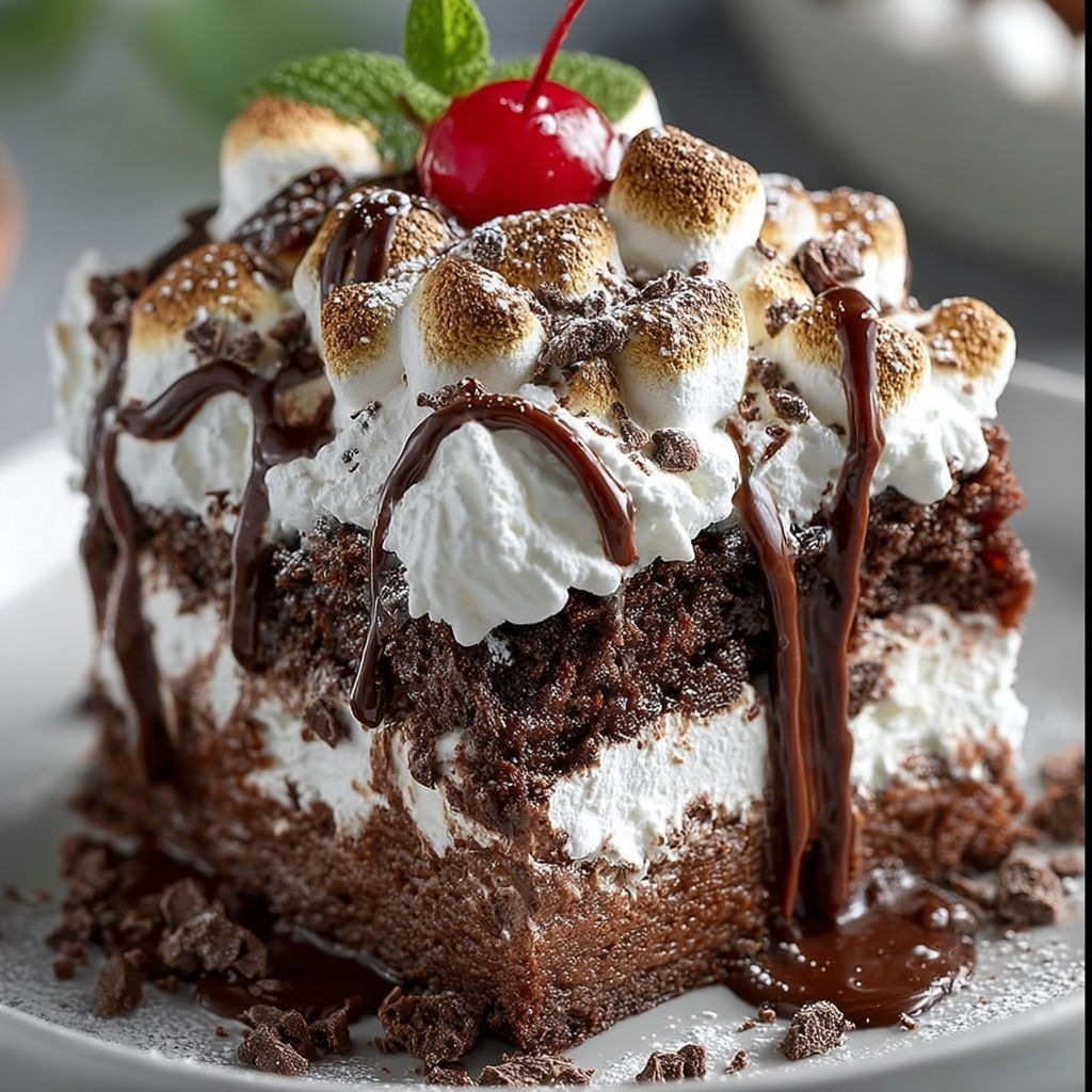 A slice of marshmallow chocolate poke cake.