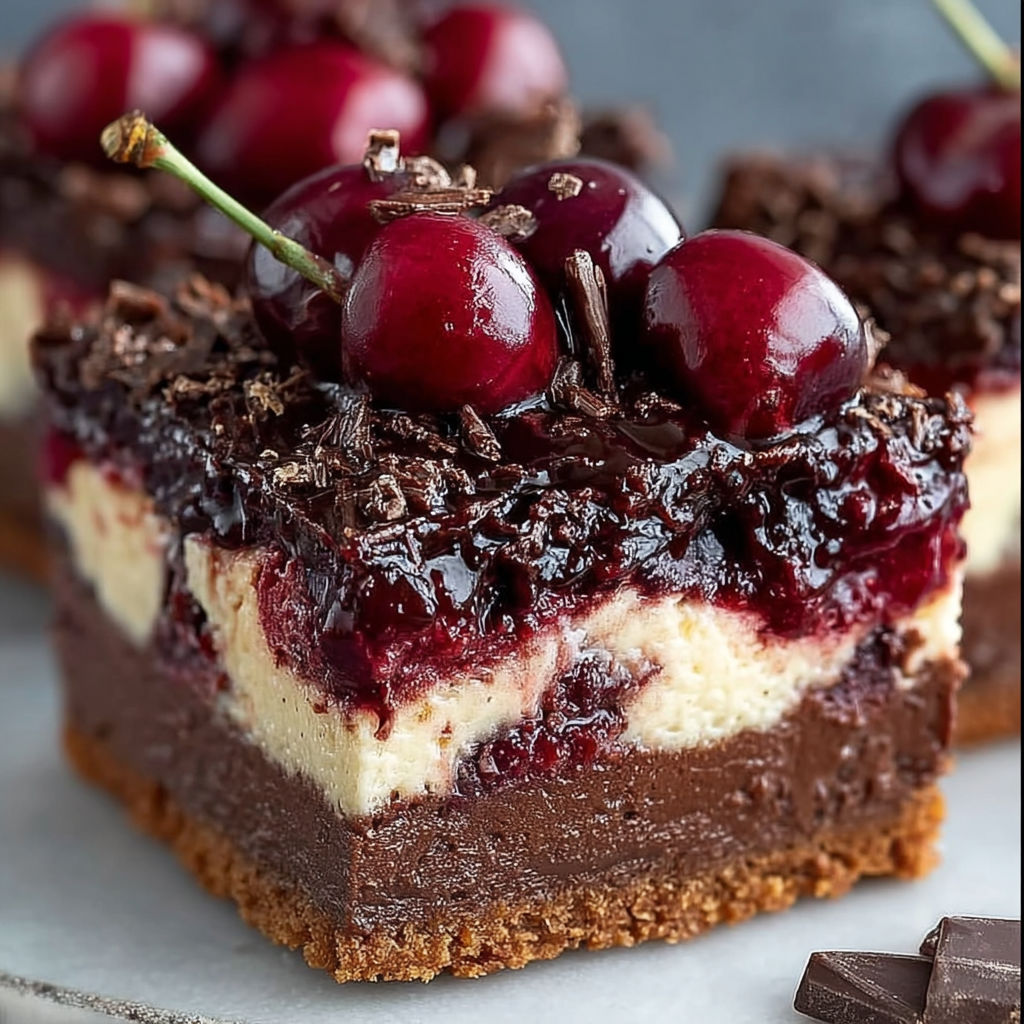 A slice of chocolate cherry cheesecake bars.