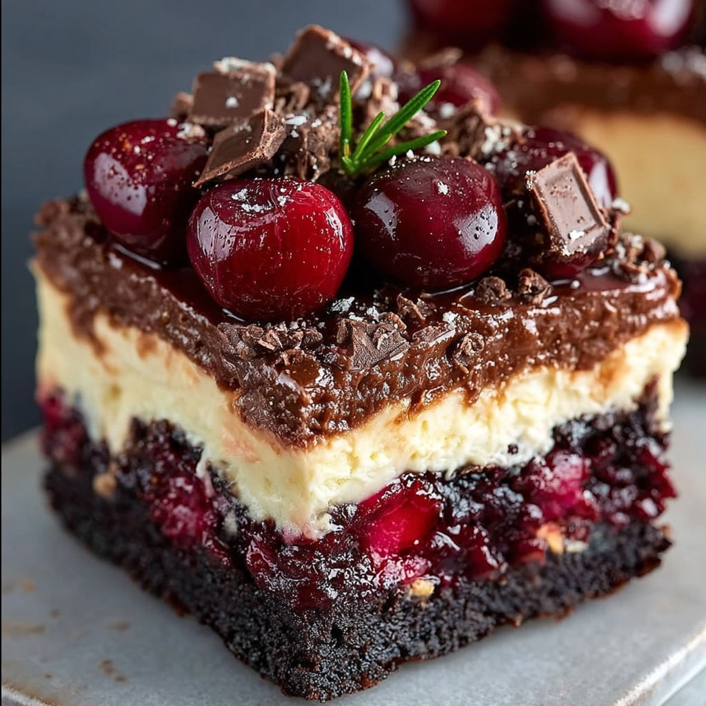 A slice of chocolate cherry cheesecake bars.