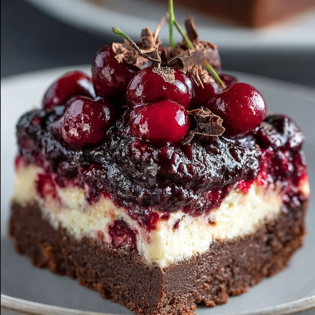 A slice of chocolate cherry cheesecake bars.