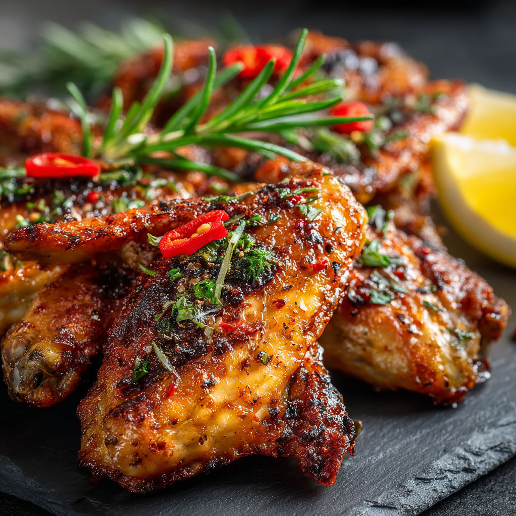 A plate of chicken with a lemon wedge on the side.