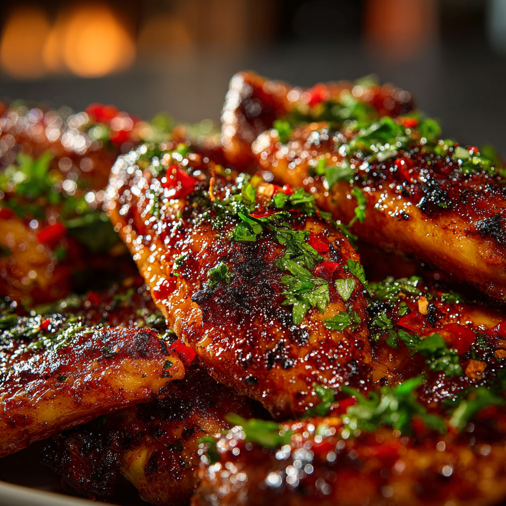 A plate of chicken wings with a sauce.