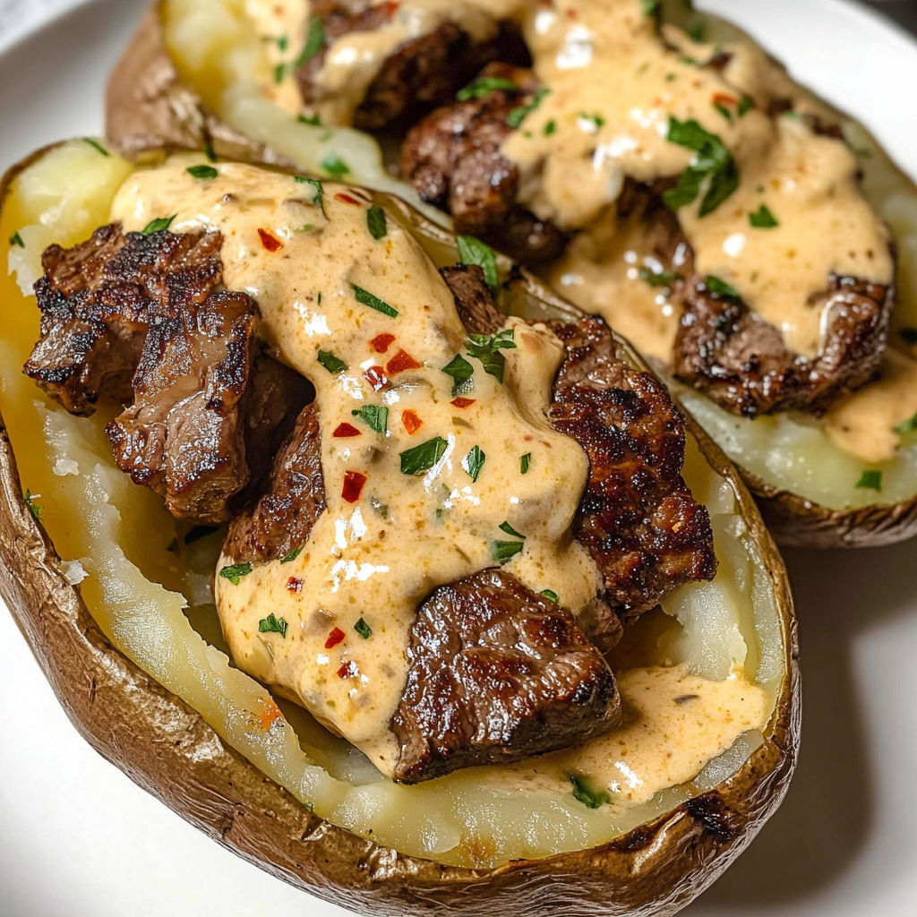 A loaded baked potato with steak bites.