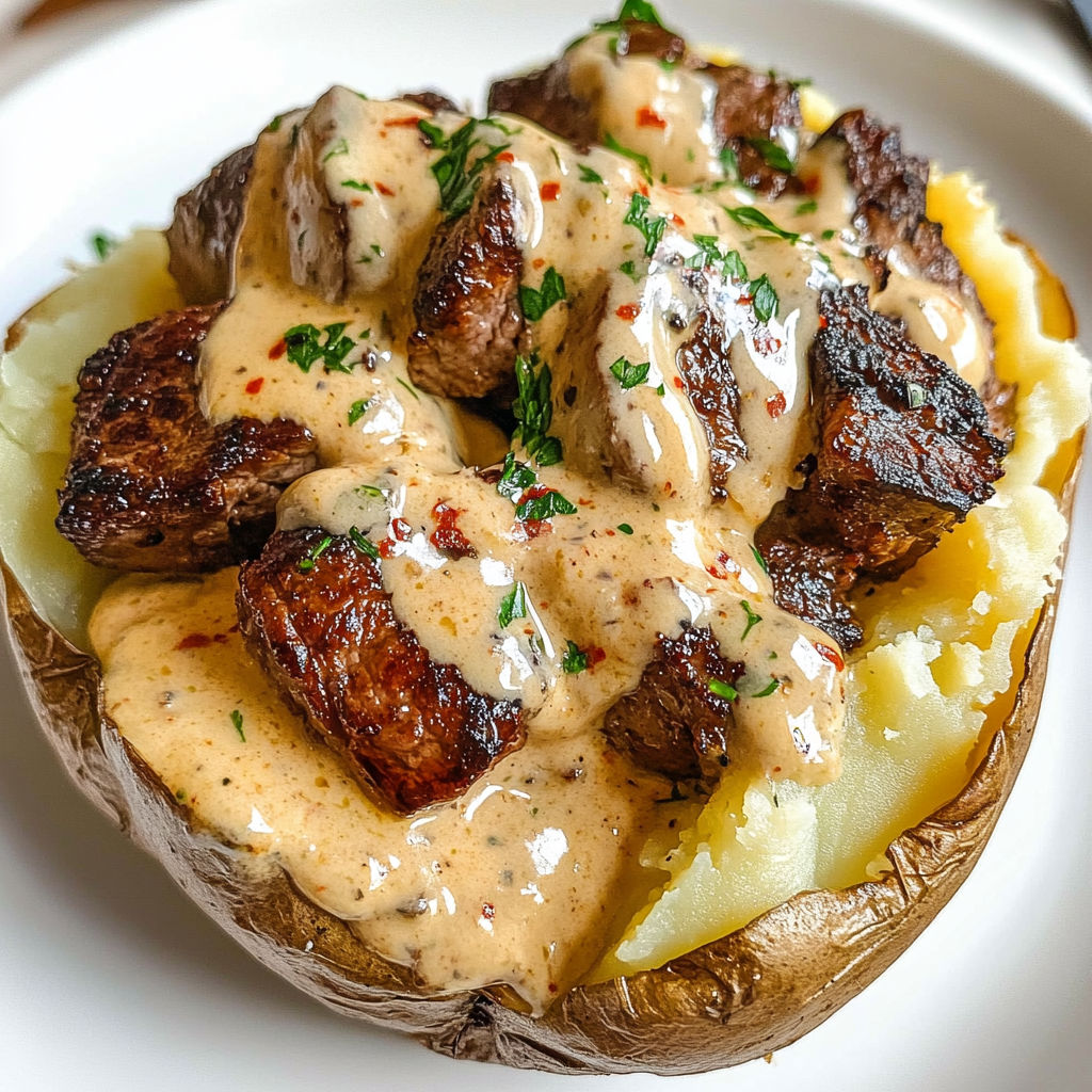A loaded baked potato with steak bites.
