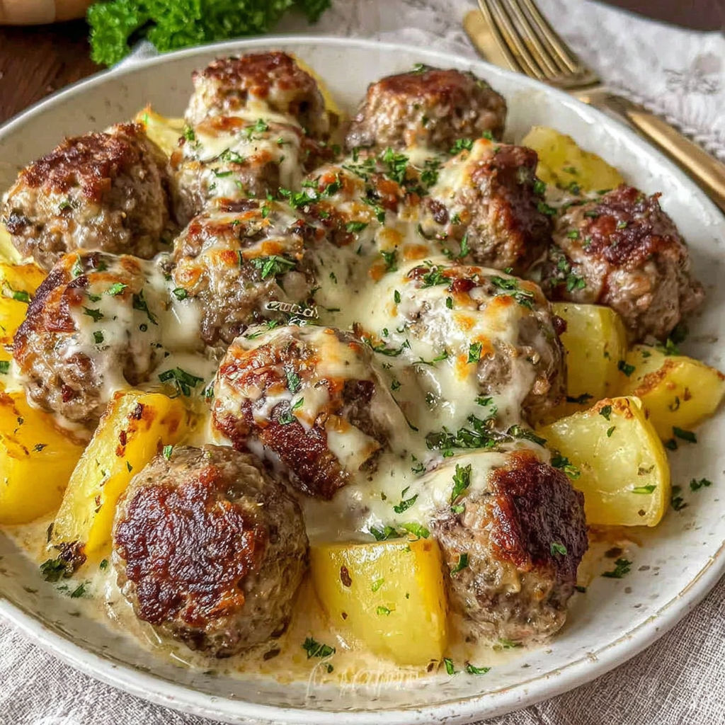 A plate of meatballs and potatoes.