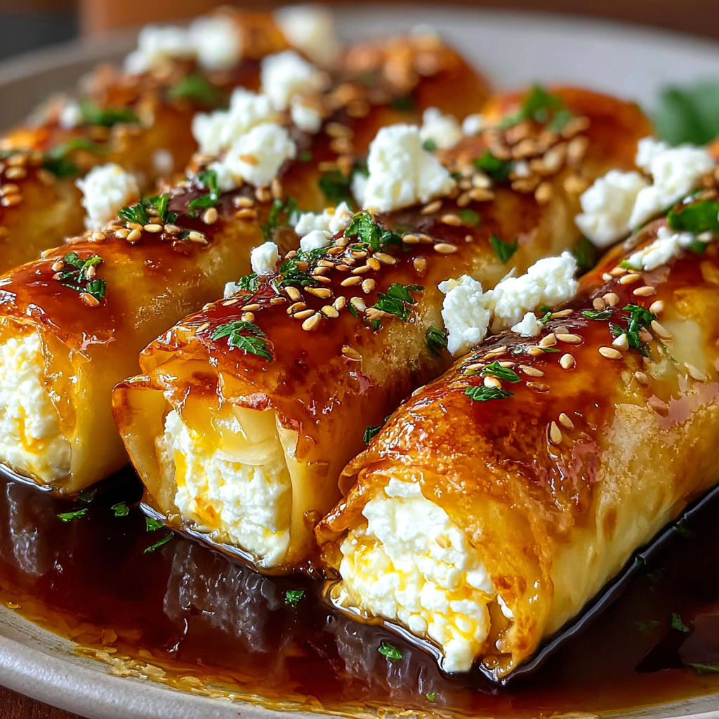 Oven fried feta rolls with chili honey.
