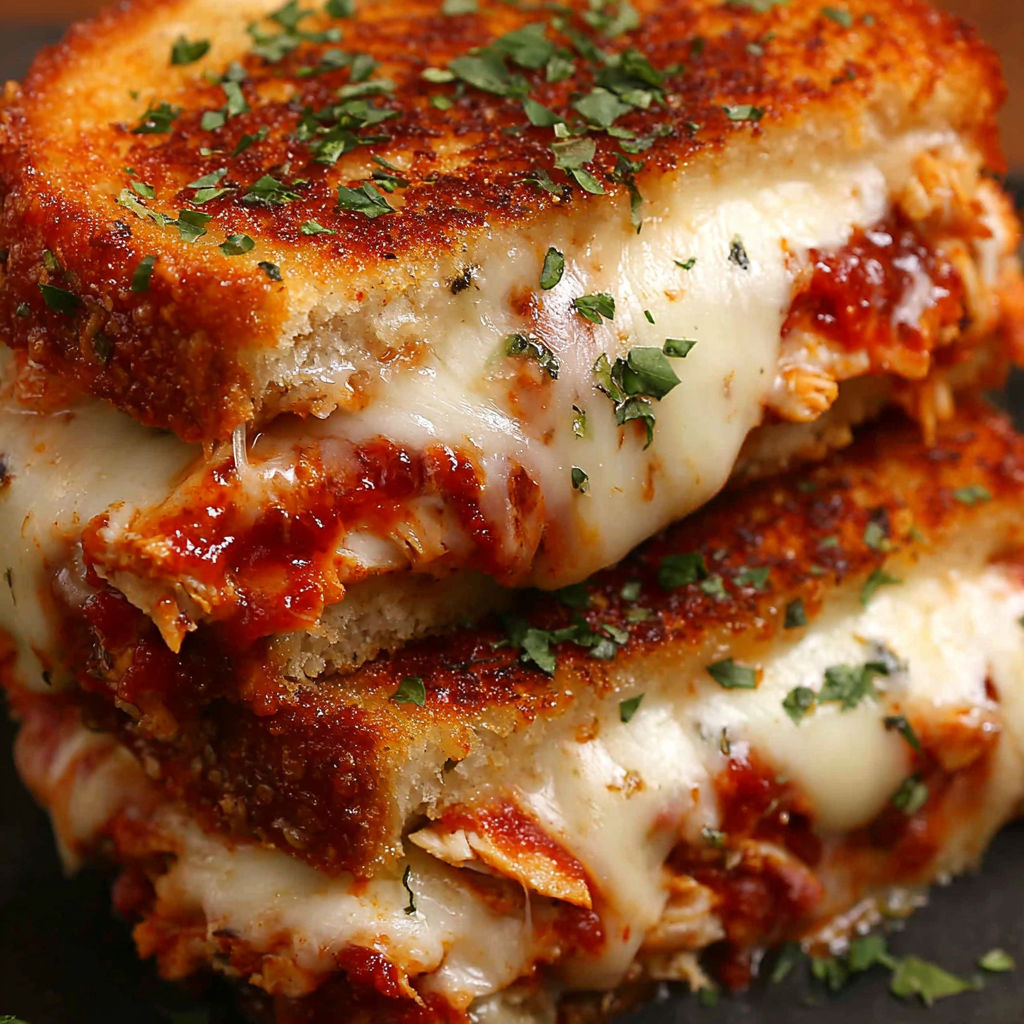 A stack of chicken Parmesan grilled cheese sandwiches.