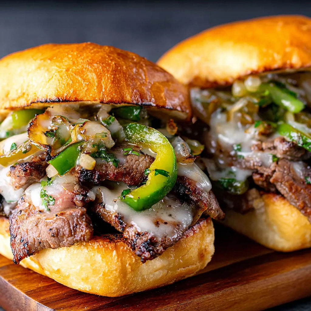 Two Philly Cheese Steak Burgers with peppers and onions.