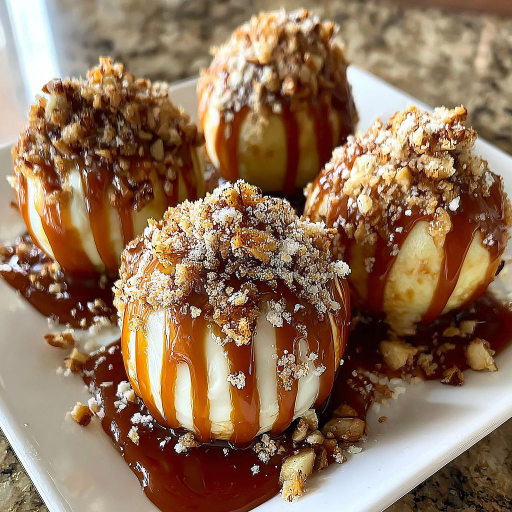 A plate of desserts with caramel sauce drizzled over them.