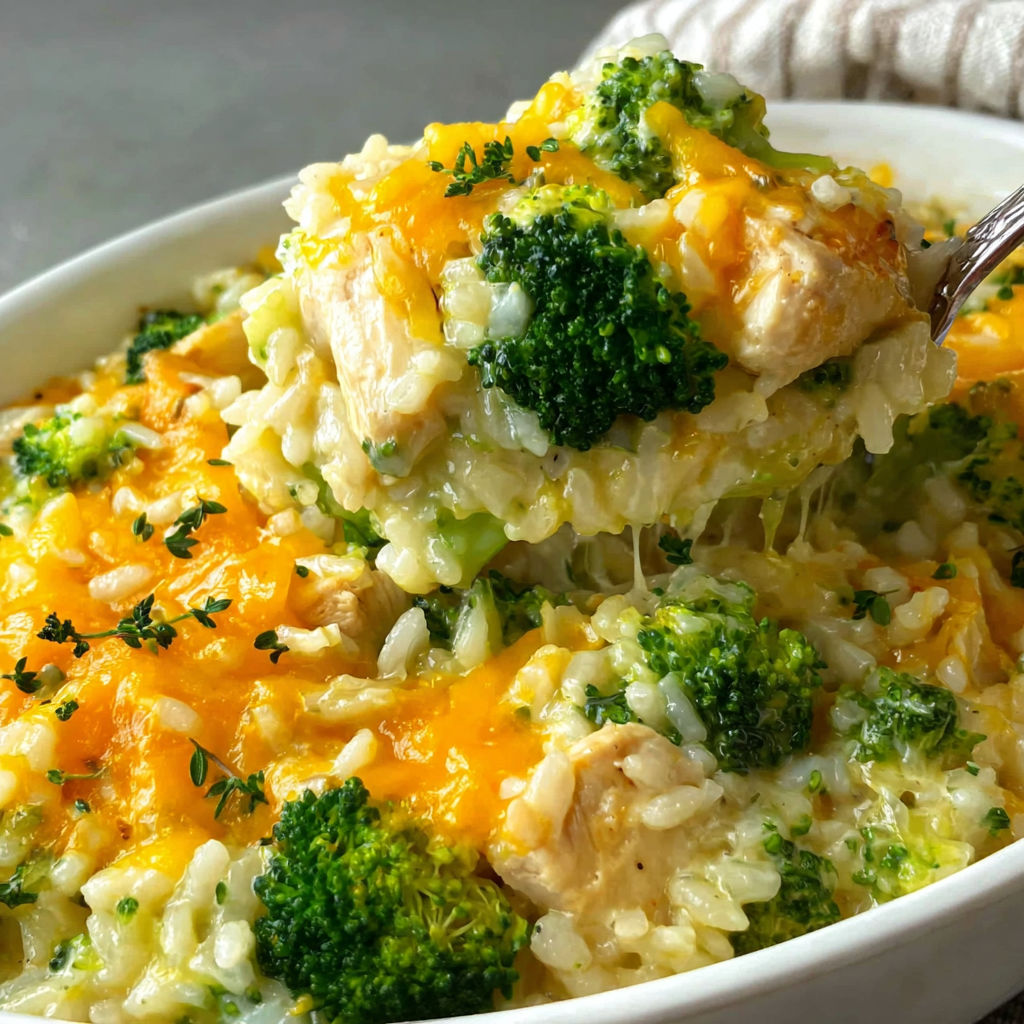 A bowl of rice and broccoli casserole.