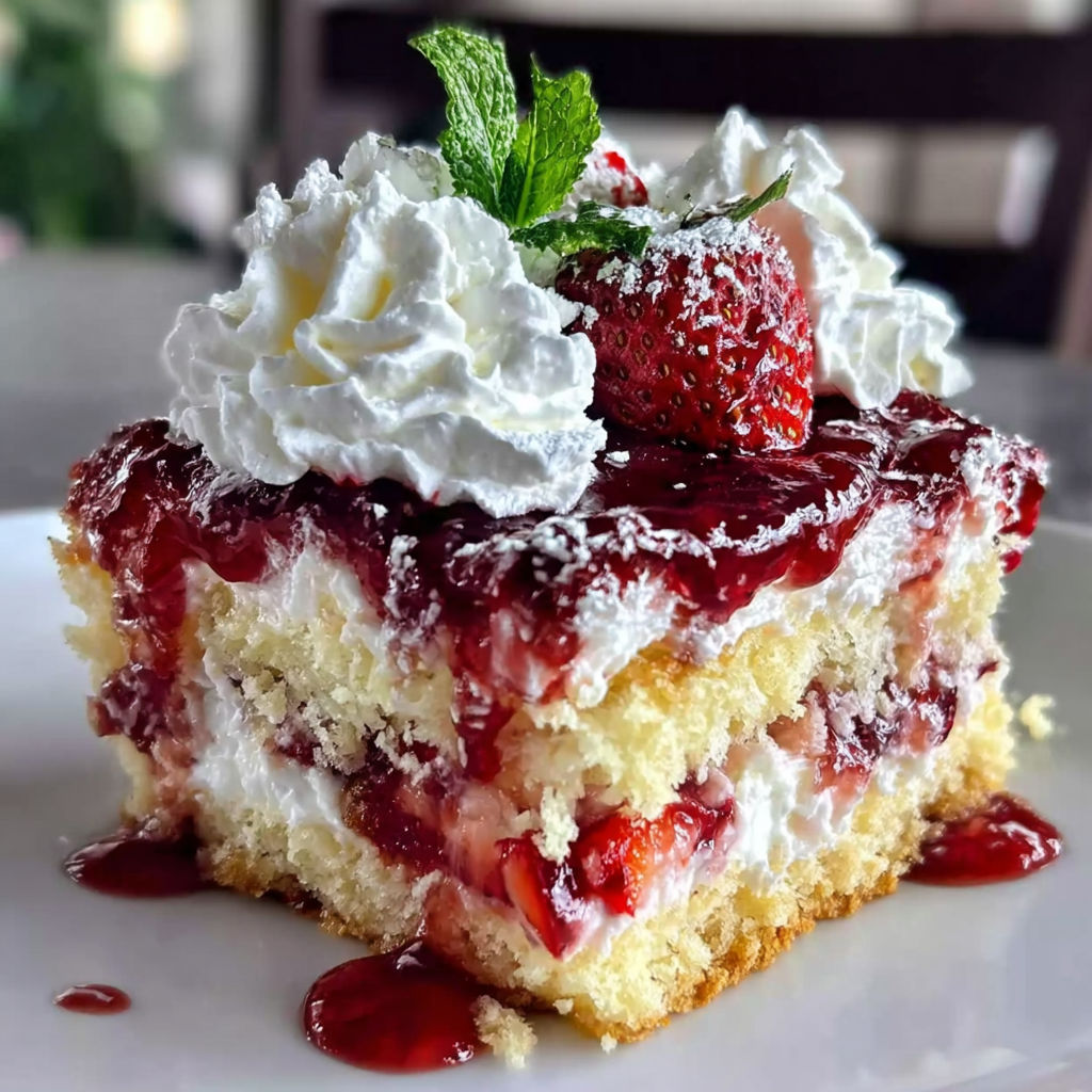A slice of cake with strawberries and whipped cream.