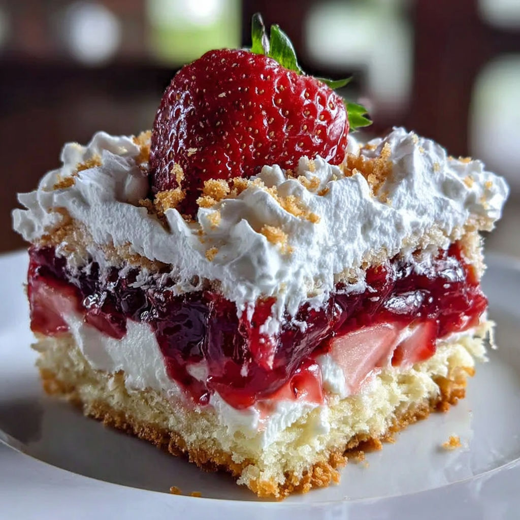 A slice of cake with strawberries and whipped cream.