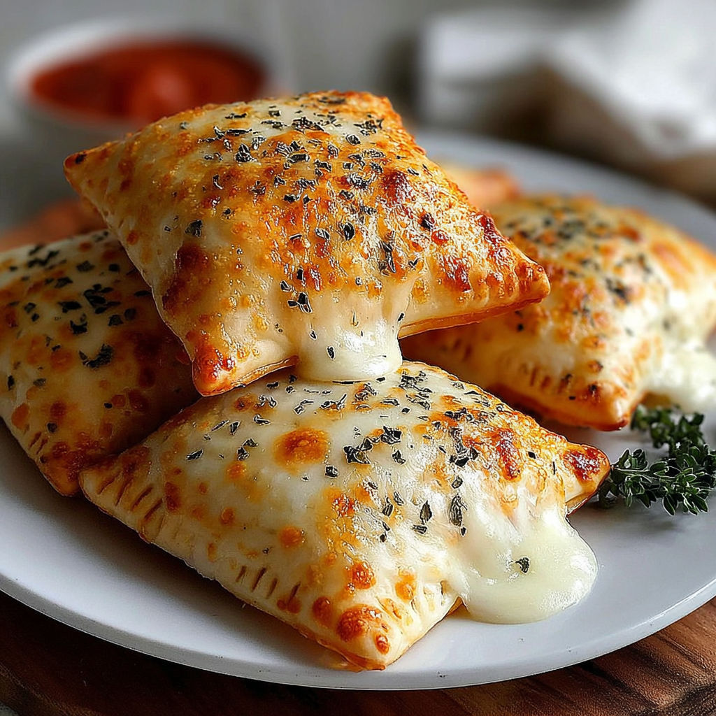 A plate of cheesy pizza pockets.