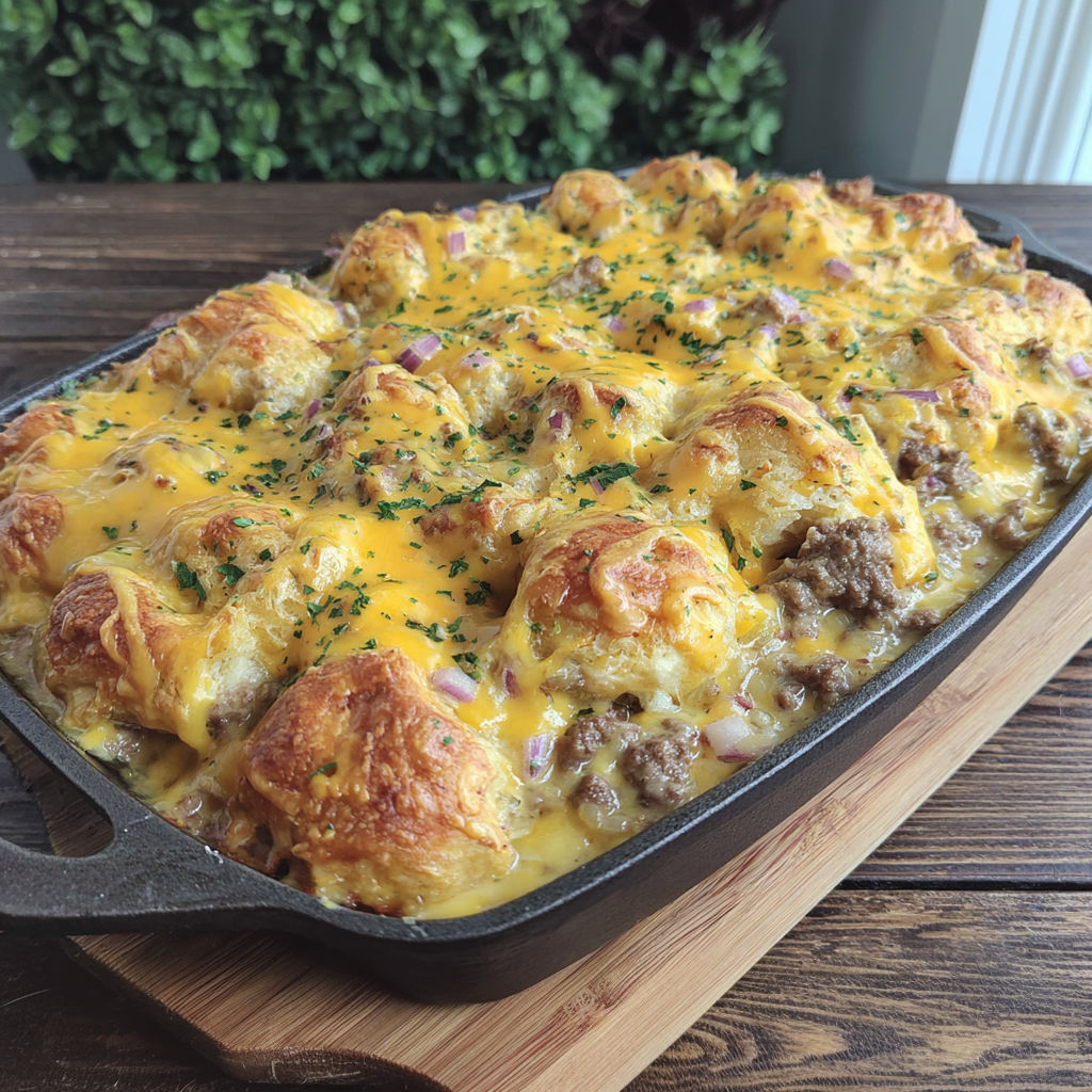 A pan of cheddar bay hamburger casserole.