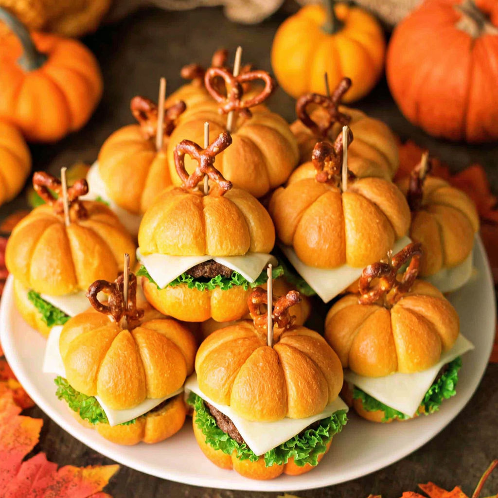 A plate of mini sandwiches with a pumpkin on top.