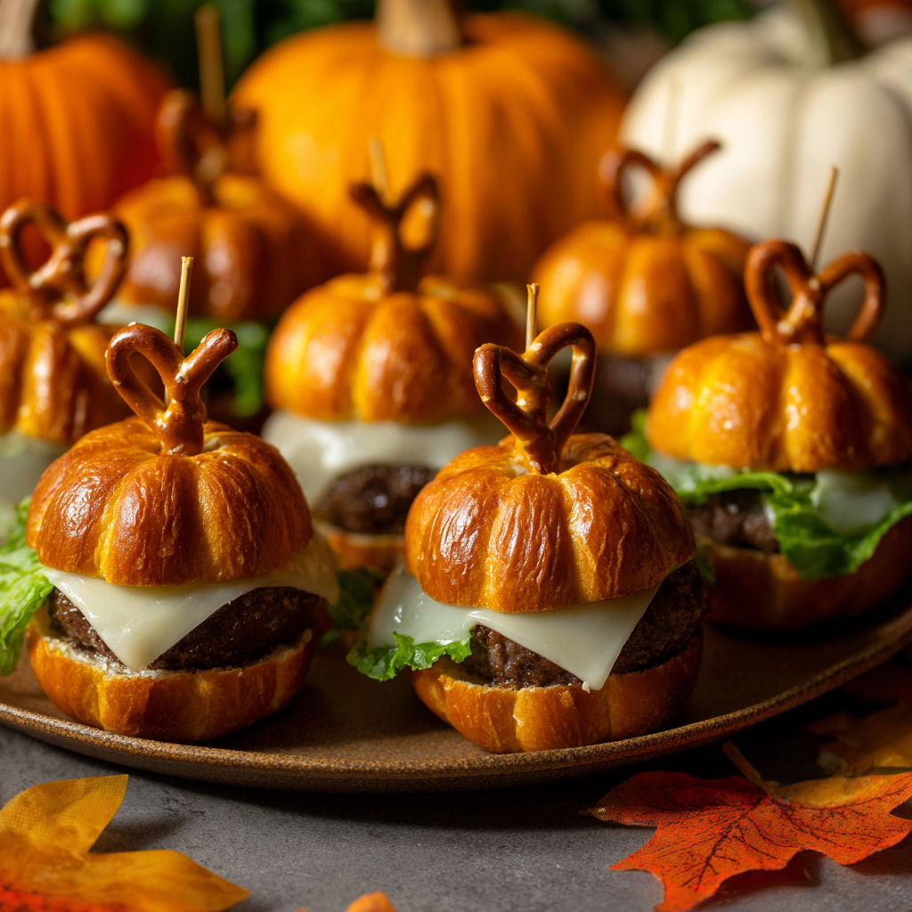 A plate of miniature pumpkin shaped sandwiches.