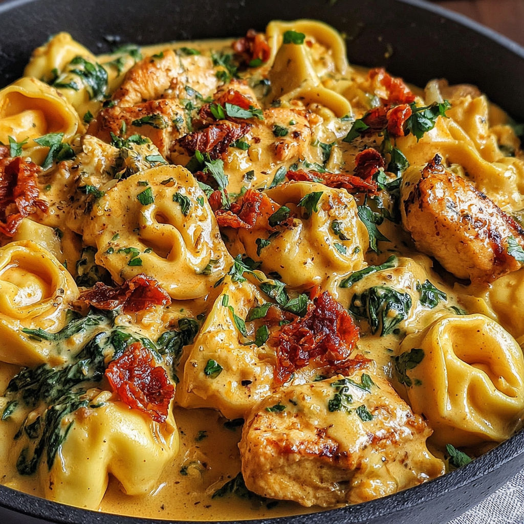A bowl of pasta with chicken and tomatoes.