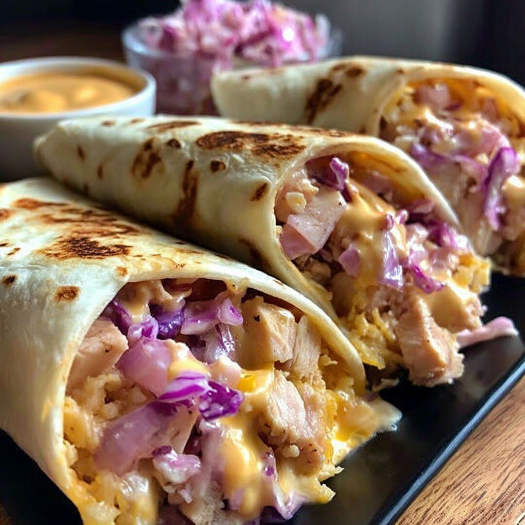 Two hot chicken wraps with onions and cheese.