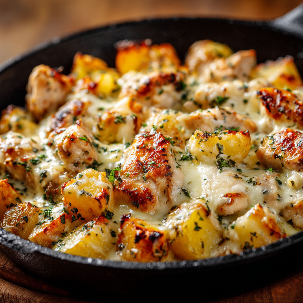 A pan of food with chicken and potatoes.