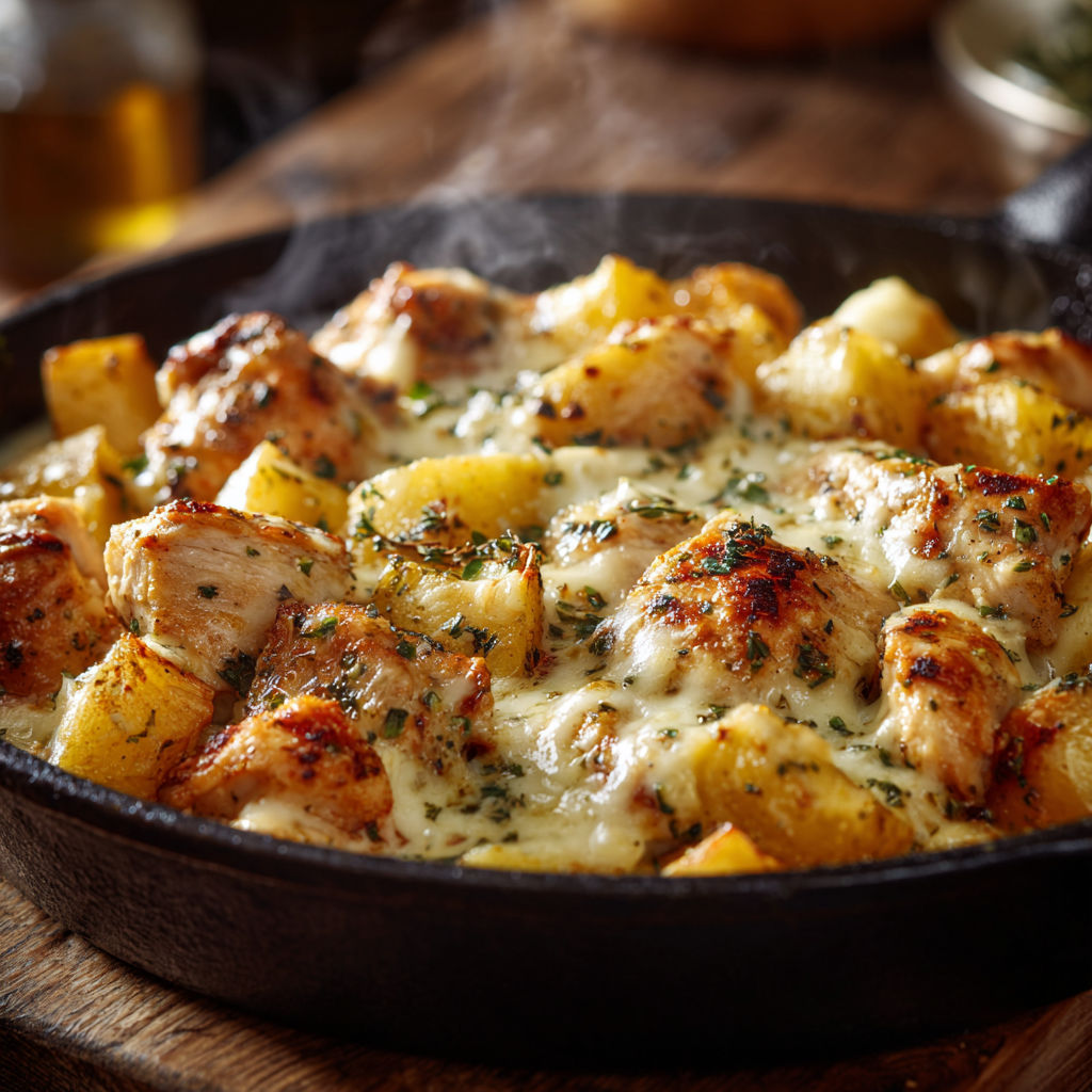 A pan of food with chicken and potatoes.