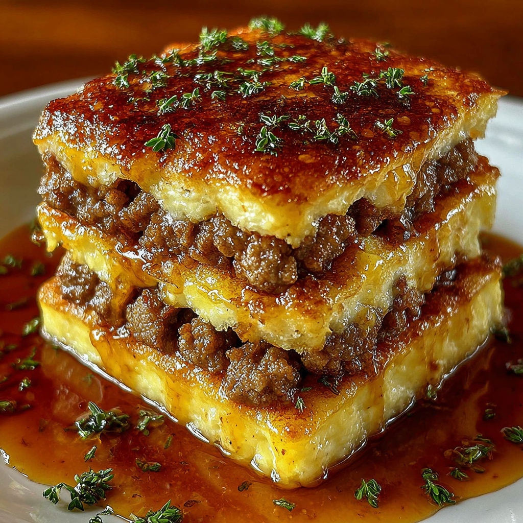 A stack of pancakes with sausage on top.