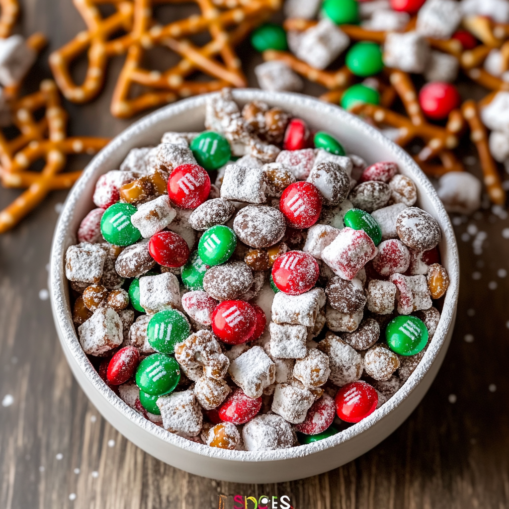 A bowl of Christmas puppy chow with red and green M&Ms.