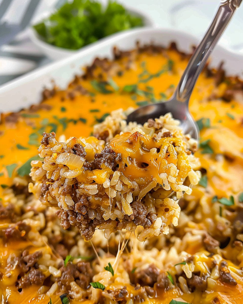 A fork is stuck in a cheesy ground beef and rice casserole.