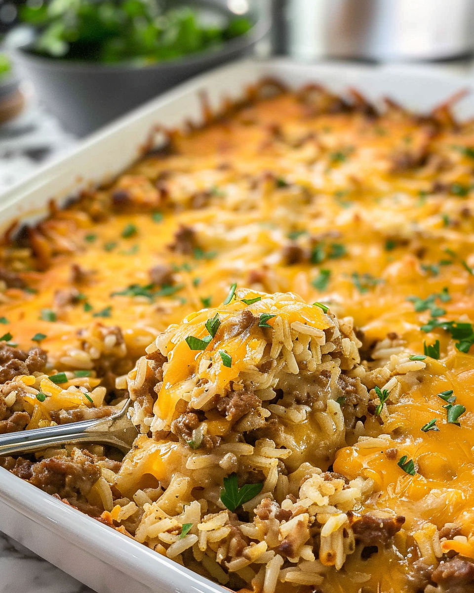 A cheesy ground beef and rice casserole.