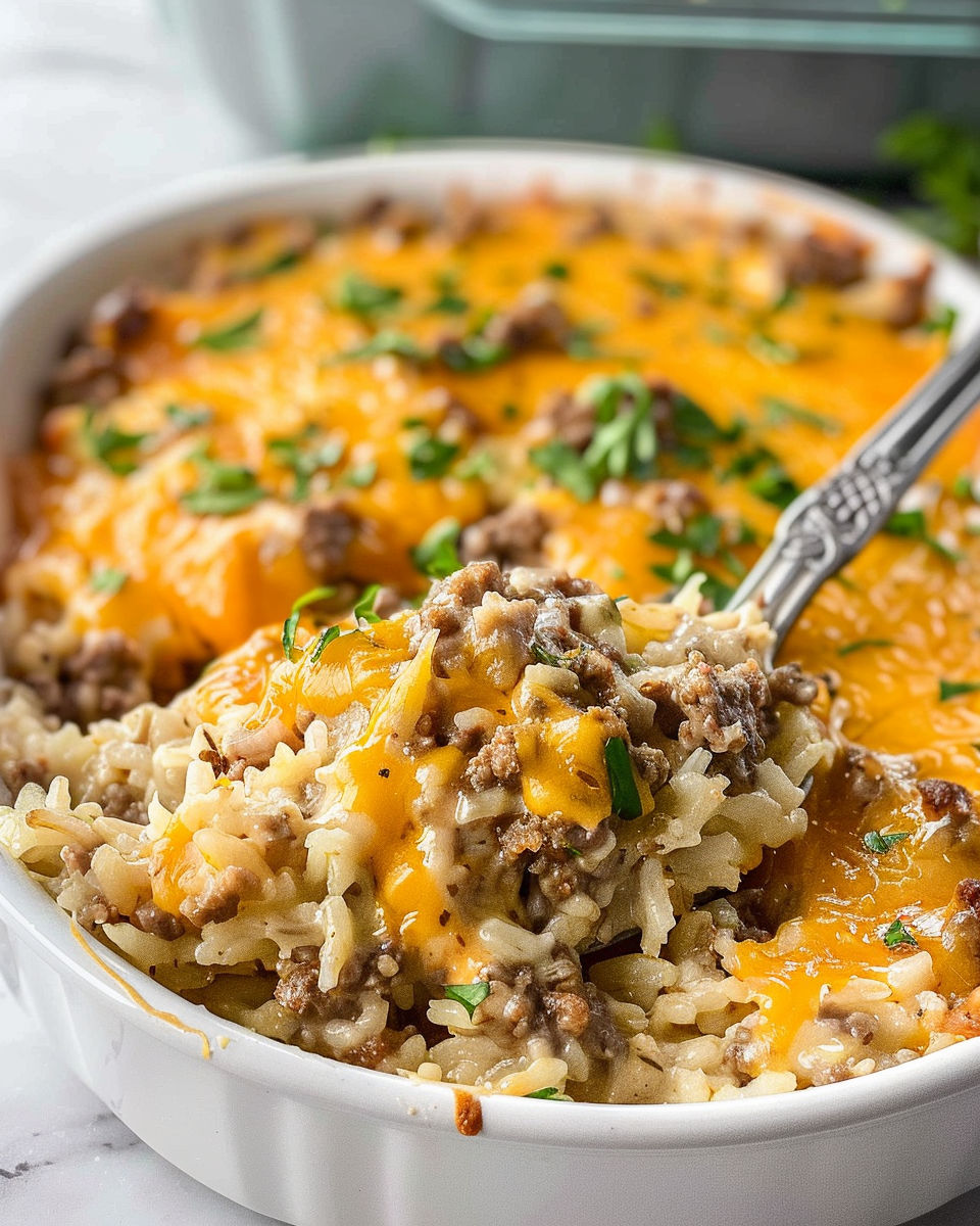 A bowl of cheesy ground beef and rice casserole.