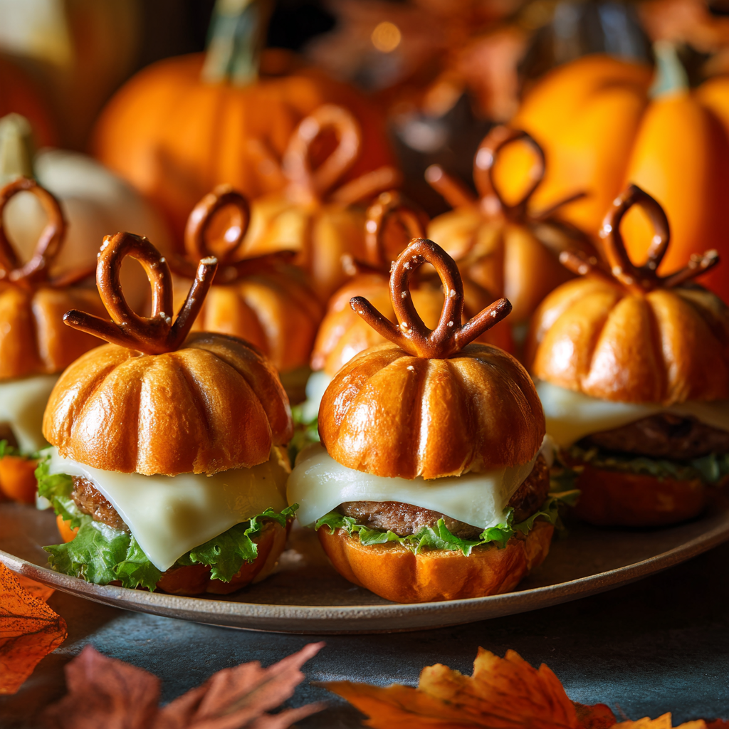 A plate of mini pumpkin-shaped sliders.