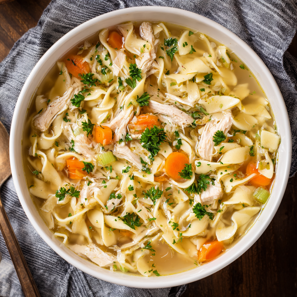 A bowl of chicken noodle soup.