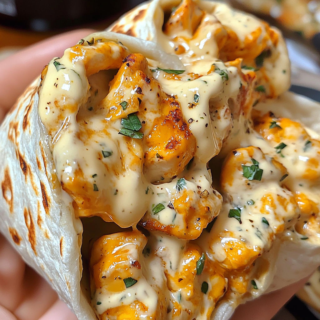 A hand holding a burrito with a white sauce.