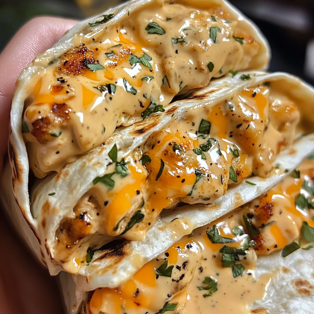 A hand holding a burrito with cheese and sauce.
