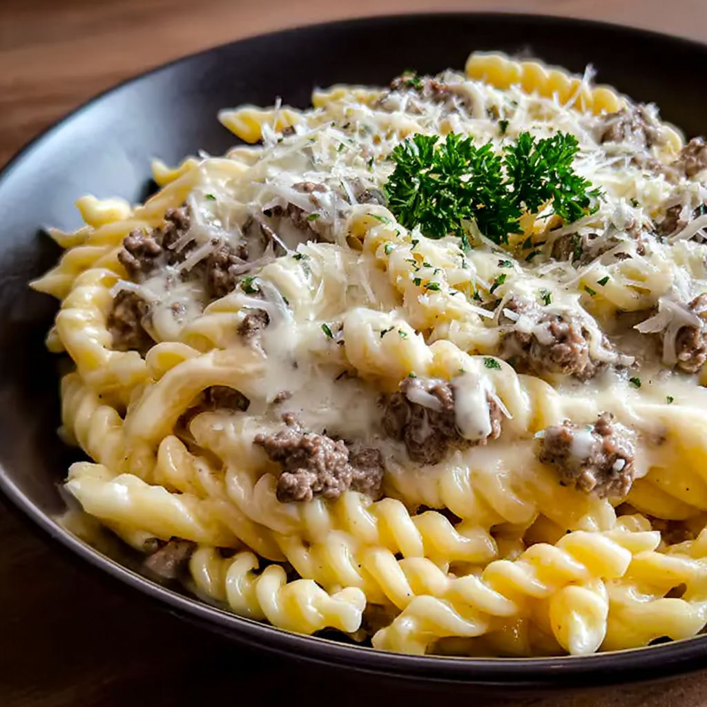 A bowl of pasta with meat and cheese.