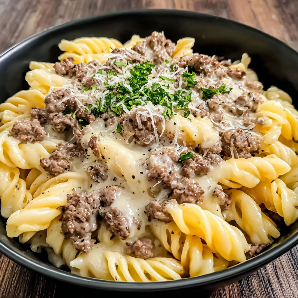 A bowl of pasta with meat and cheese.