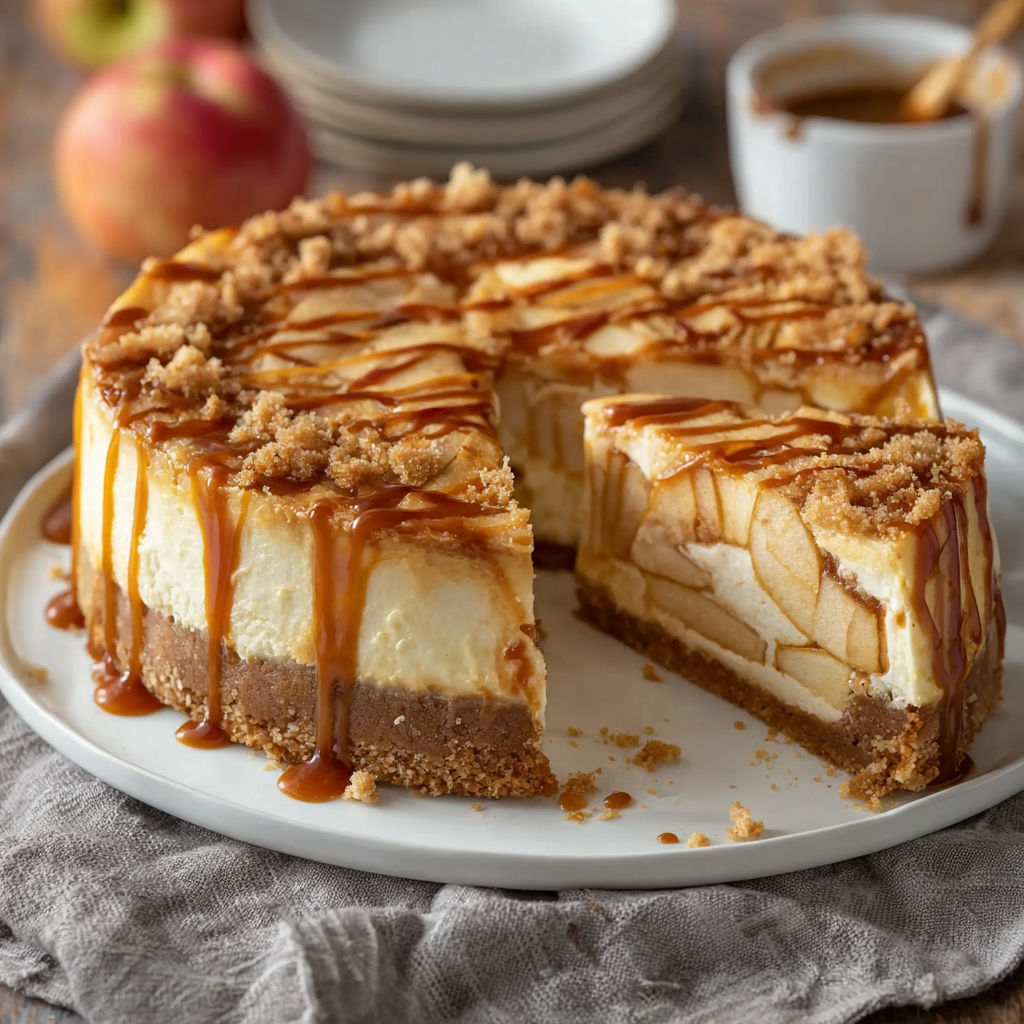 A slice of salted caramel apple pie cheesecake.