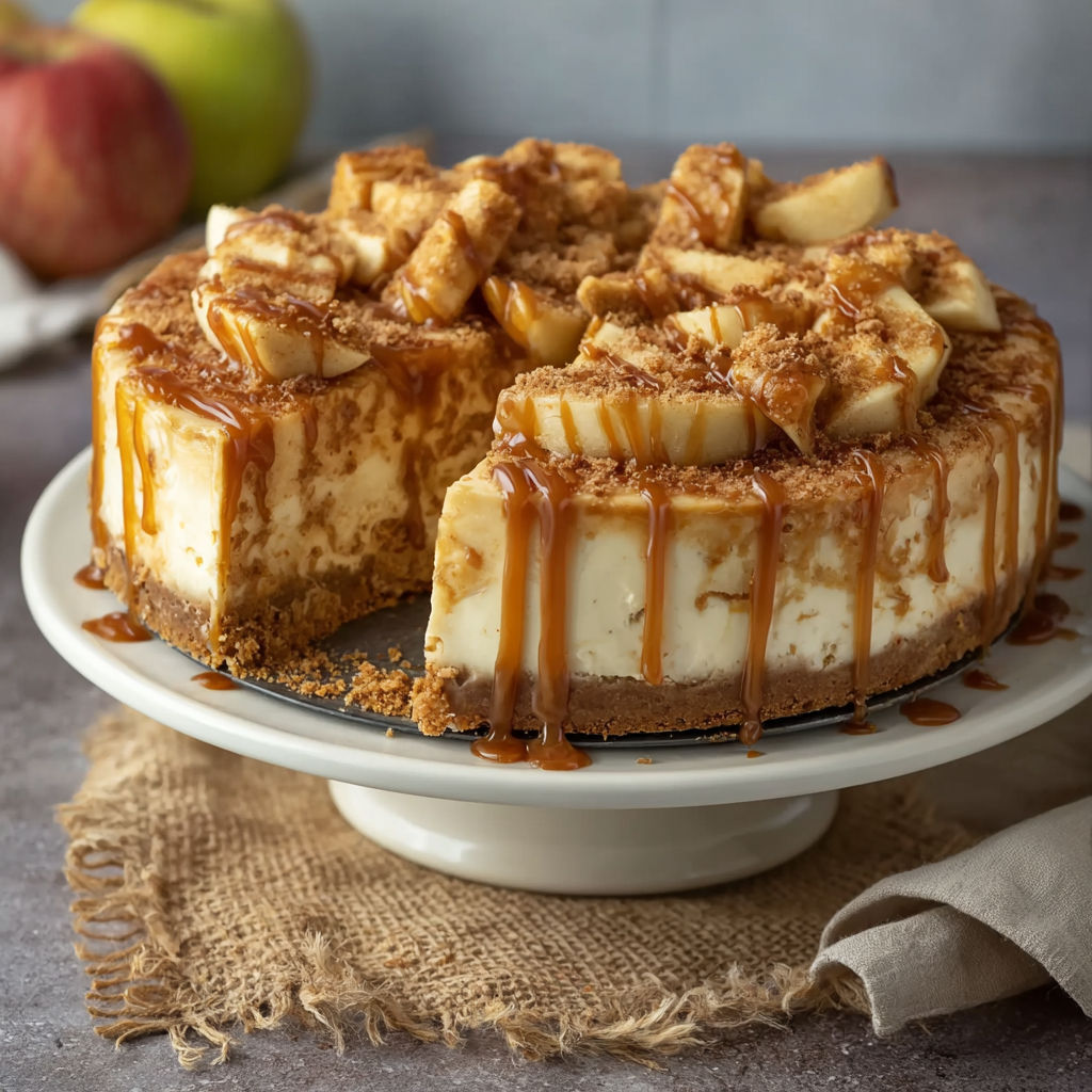 A slice of salted caramel apple pie cheesecake.