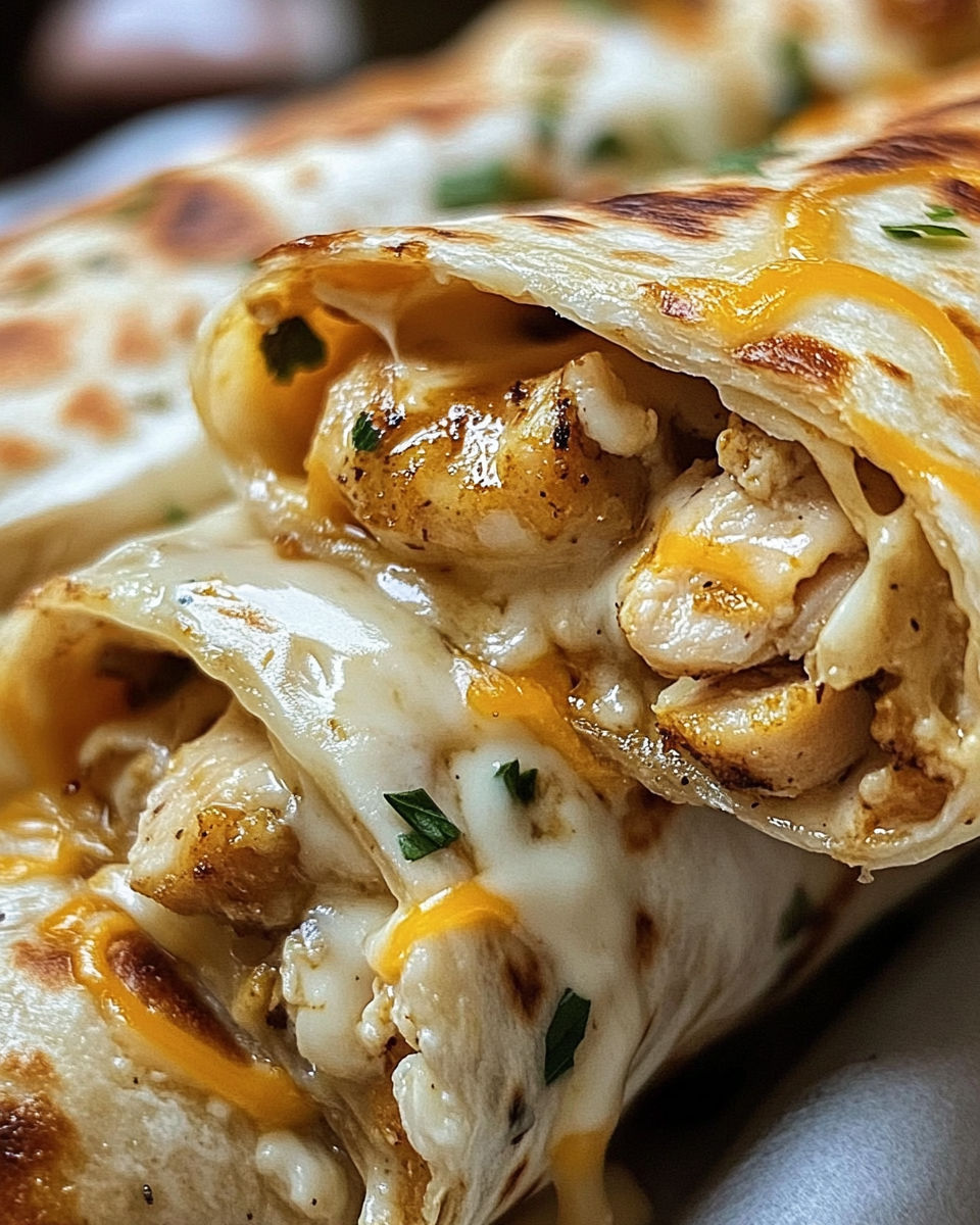A chicken burrito with cheese and sauce.
