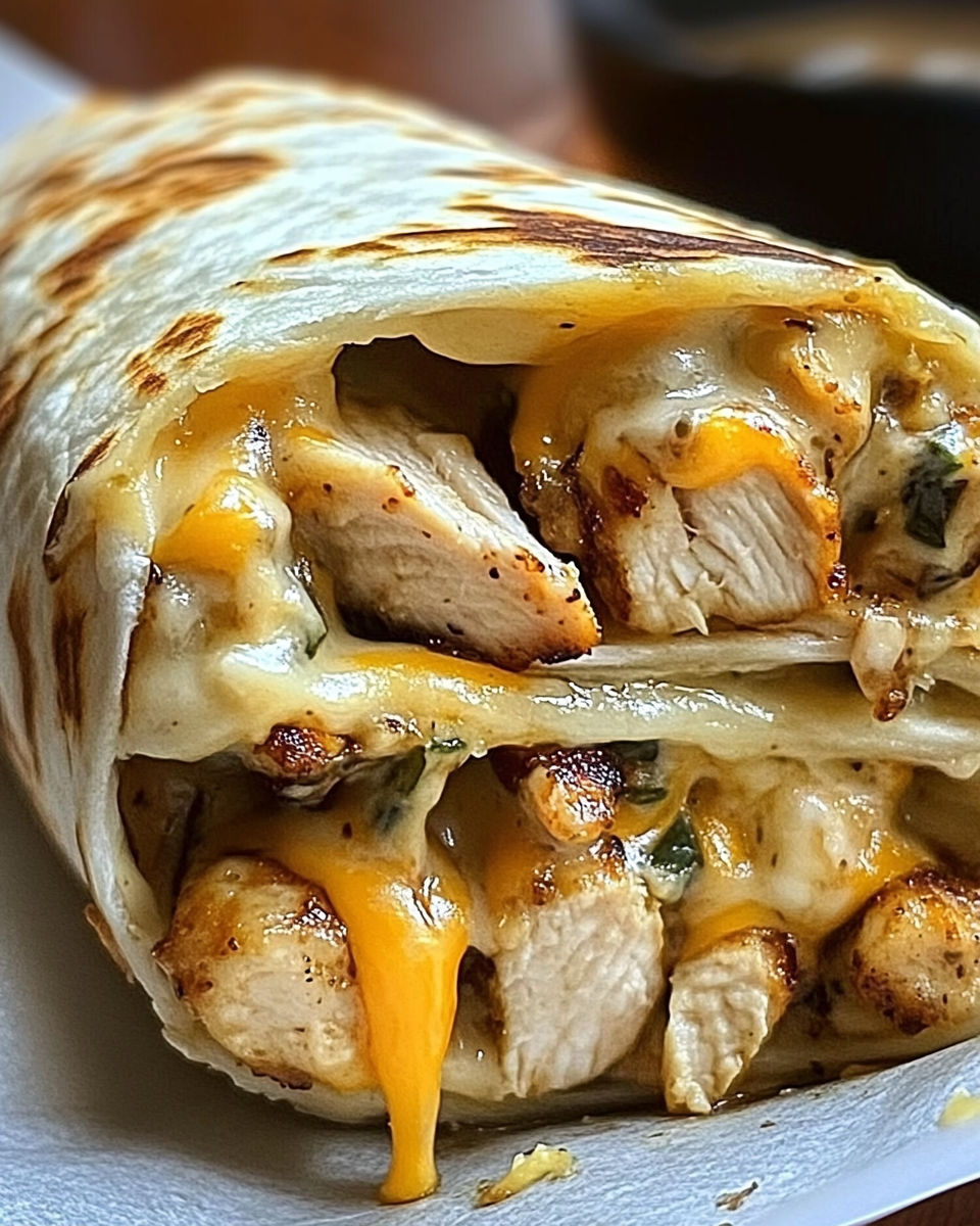 A burrito with chicken and cheese.
