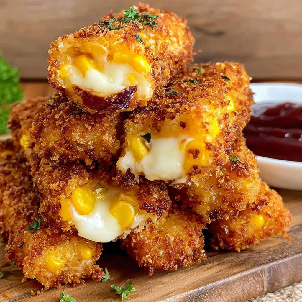 A stack of chicken strips with cheese and corn.