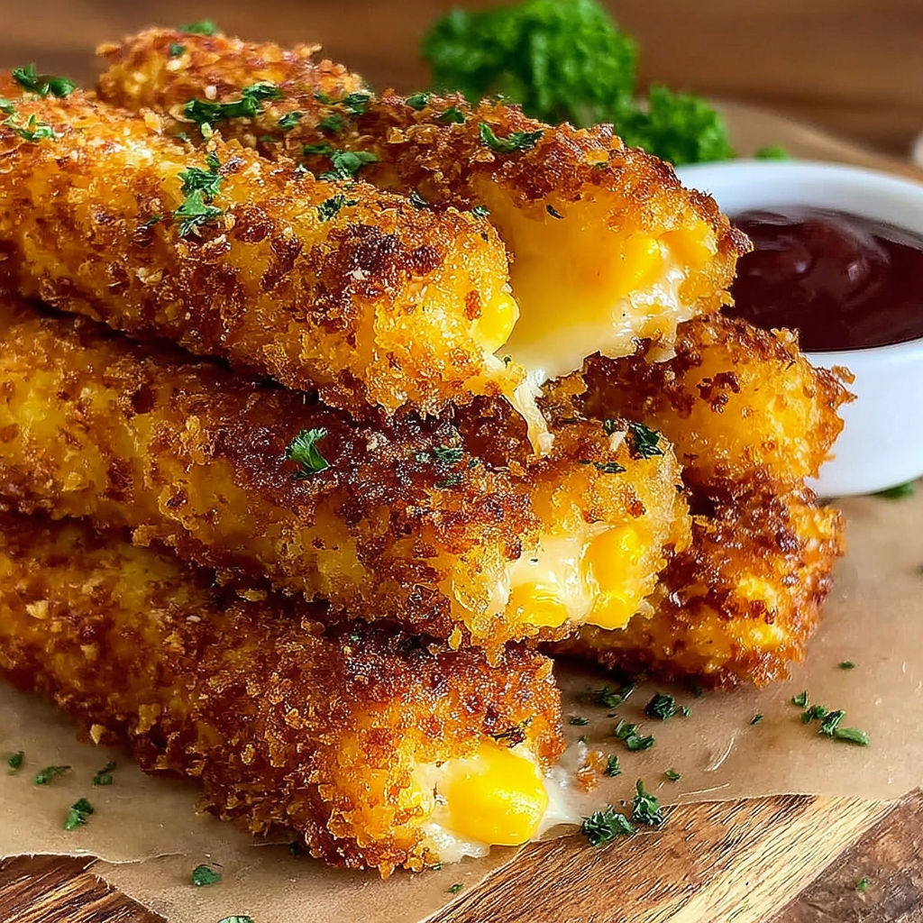 A stack of fried food with a dipping sauce.