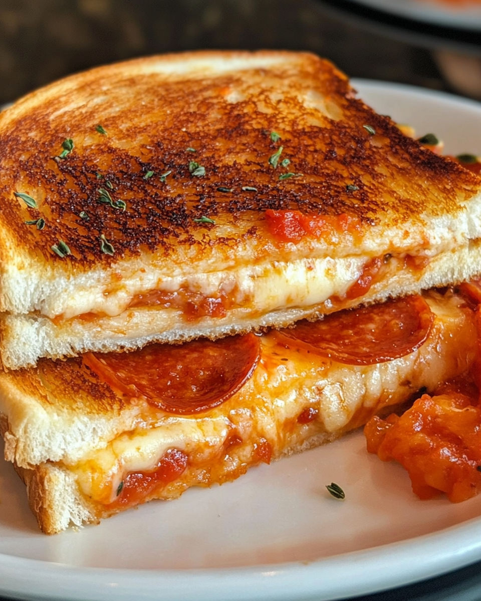 A slice of pizza grilled cheese sandwich.
