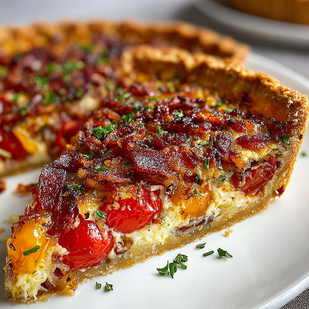 A slice of pie with tomatoes and bacon.