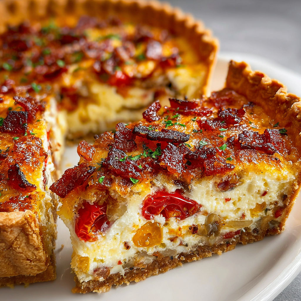 A slice of turkey bacon onion tomato pie.