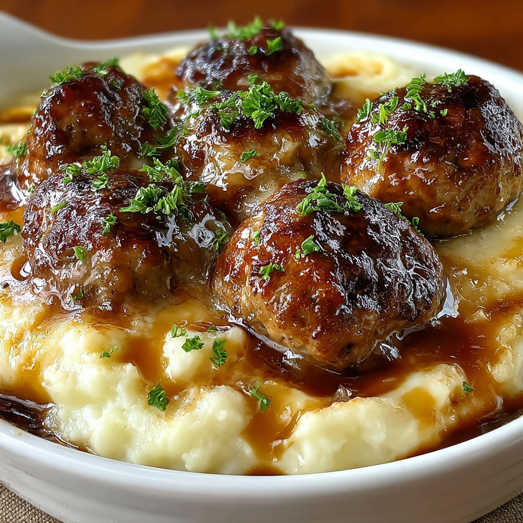 A plate of meatballs and mashed potatoes.