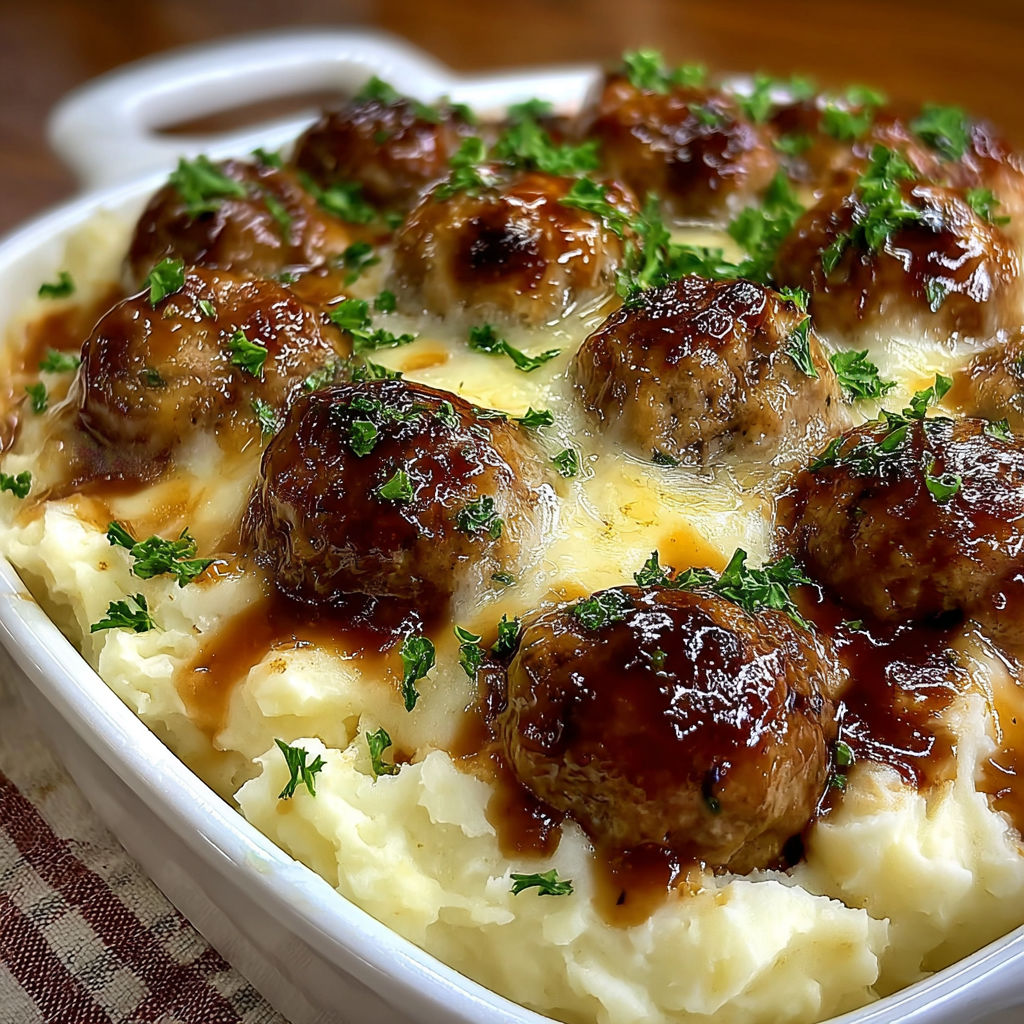A dish of meatballs and mashed potatoes.
