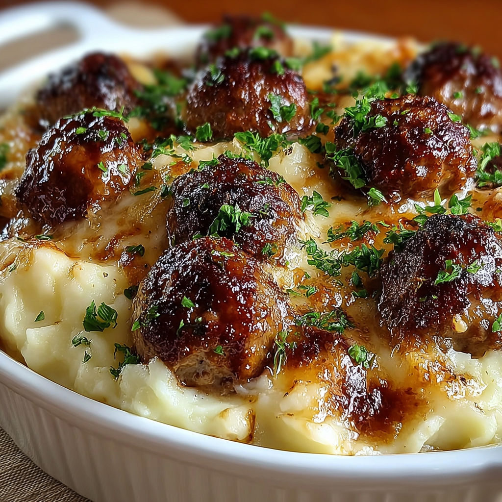 A white bowl filled with meatballs and mashed potatoes.
