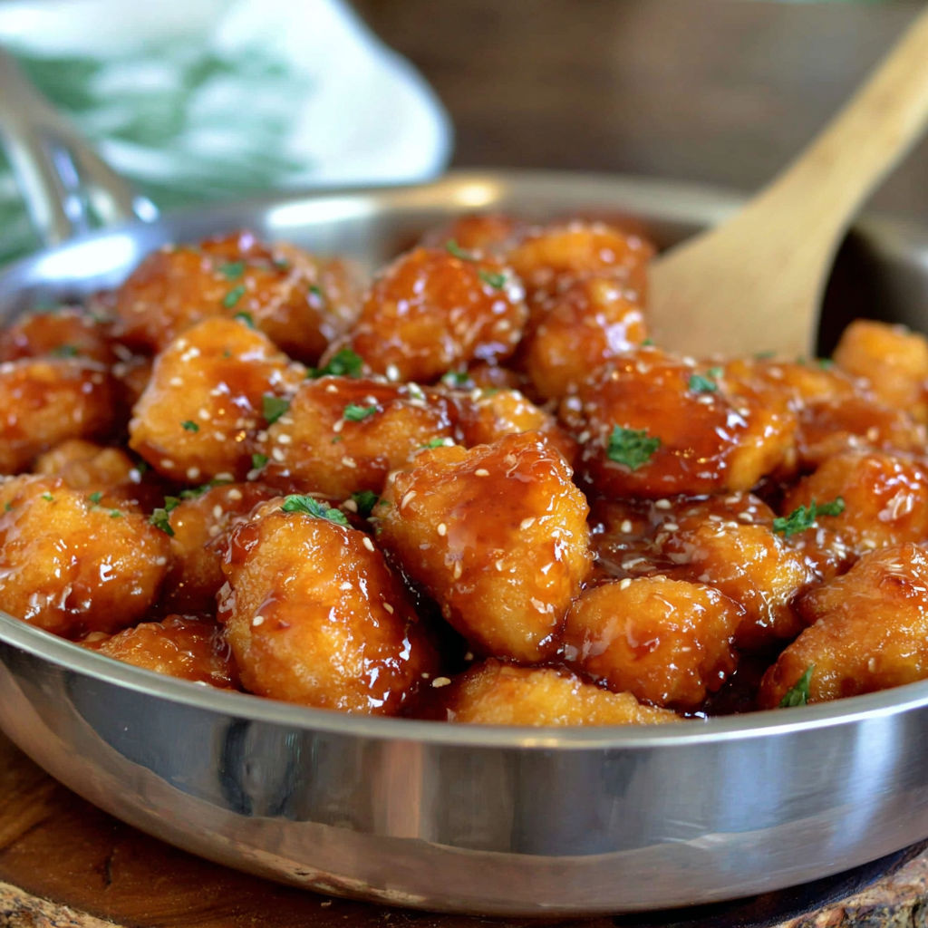 A bowl of baked sweet and sour chicken.